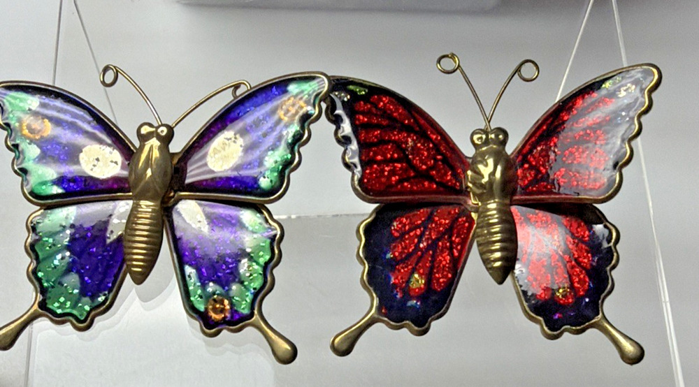 Vintage Lot of 2 Enamel Butterfly Brooch Monarch Red Blue Gold